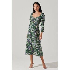 ASTR The Label Floral Green Midi Long Sleeve Twist Keyhole Dress NWT Size Small